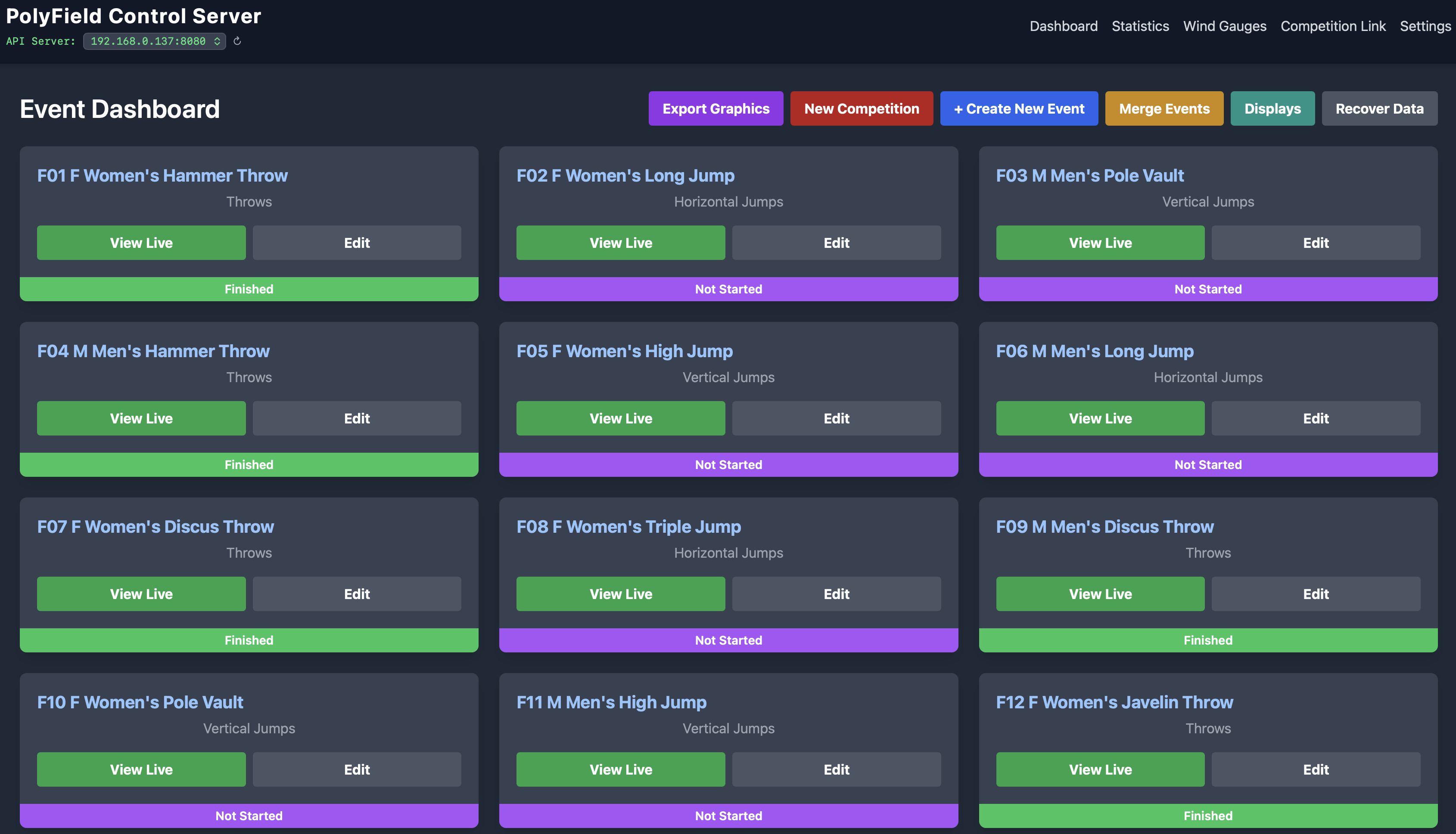 The PolyField Server dashboard