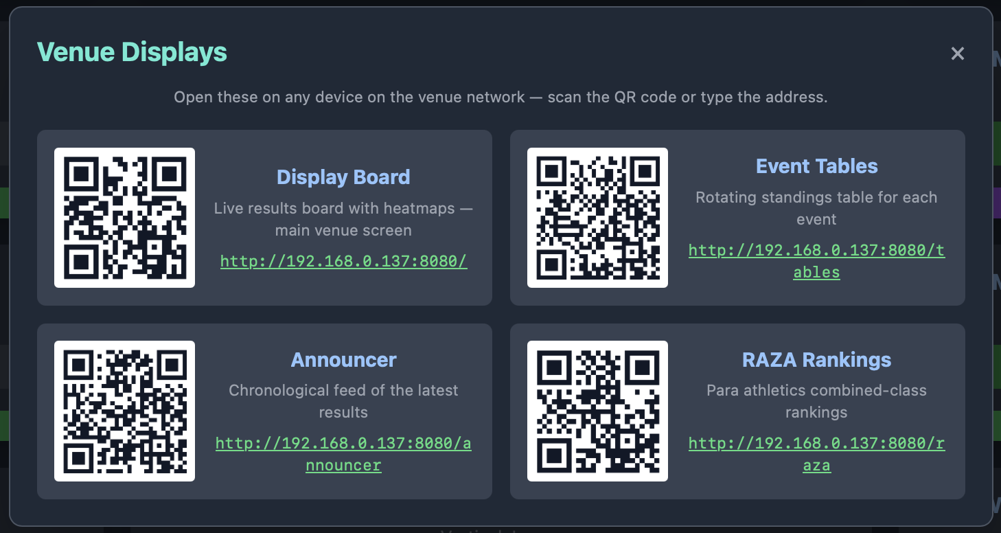 Displays popup — links and QR codes for each screen