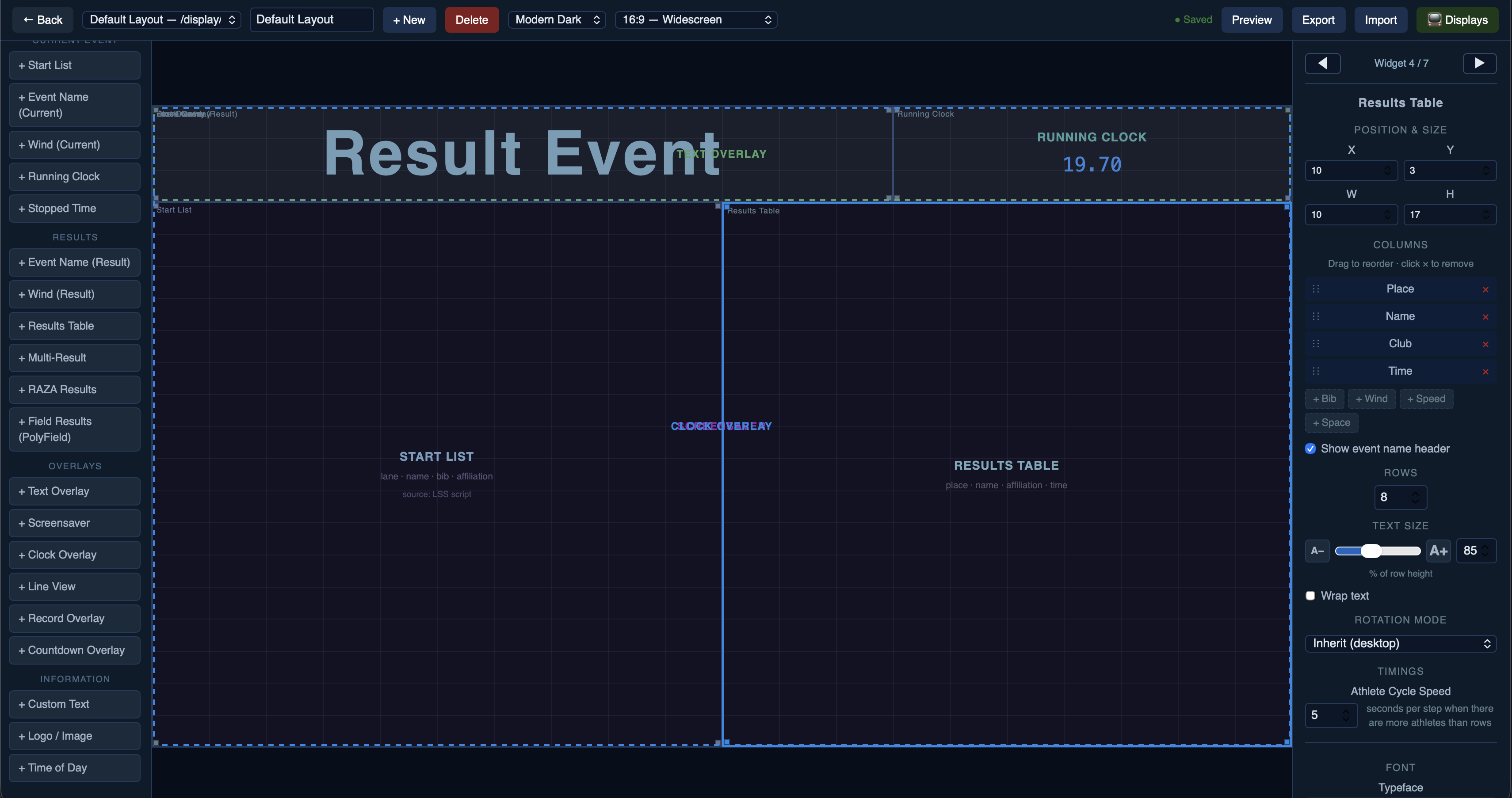 The Layout Builder — widget palette on the left, the layout canvas in the middle, and the properties panel (with the widget navigator) on the right