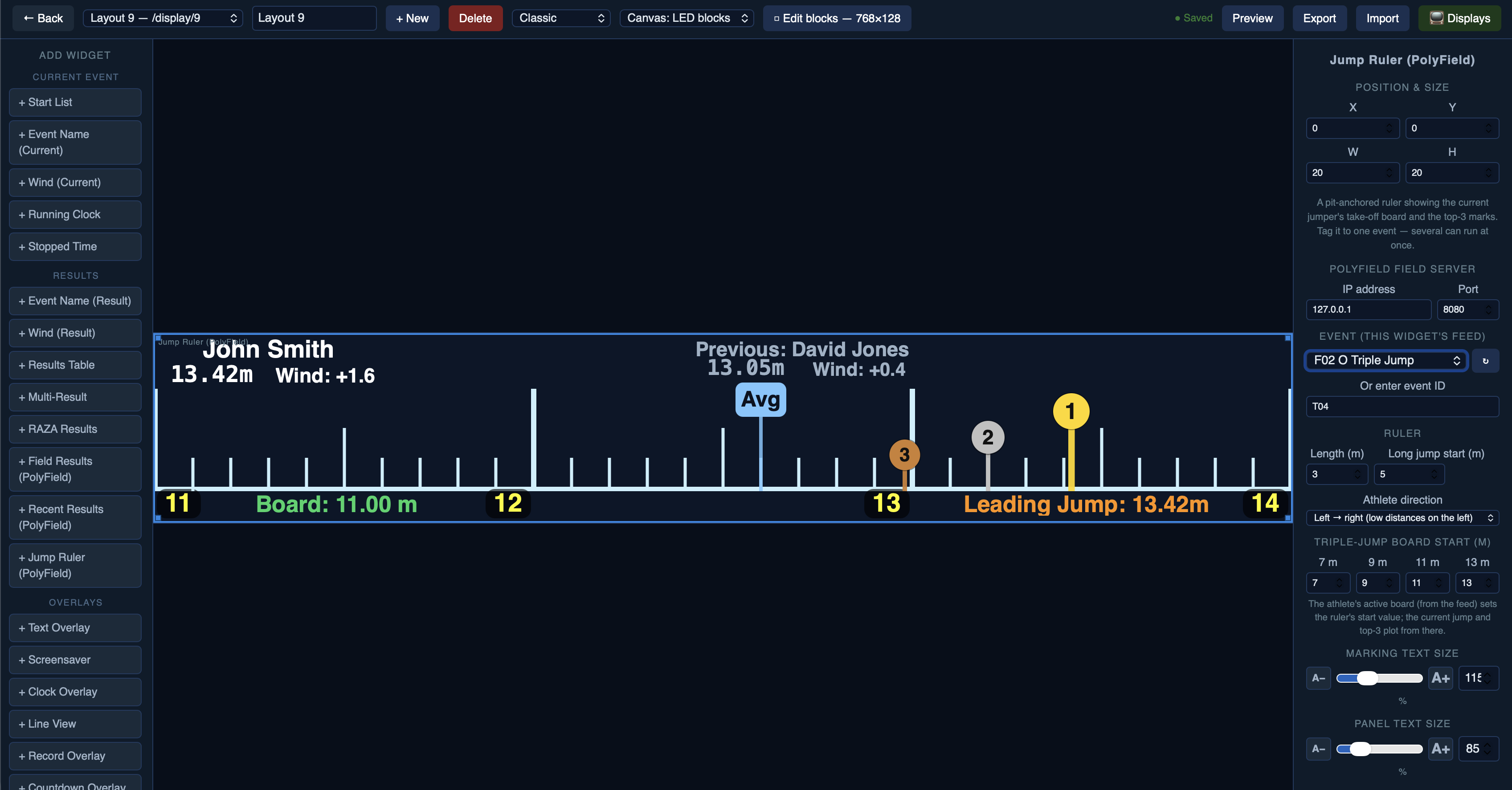 The Jump Ruler in the Layout Builder — the pit-anchored scale with the current jumper, previous jumper, top-3 pins and the competition average