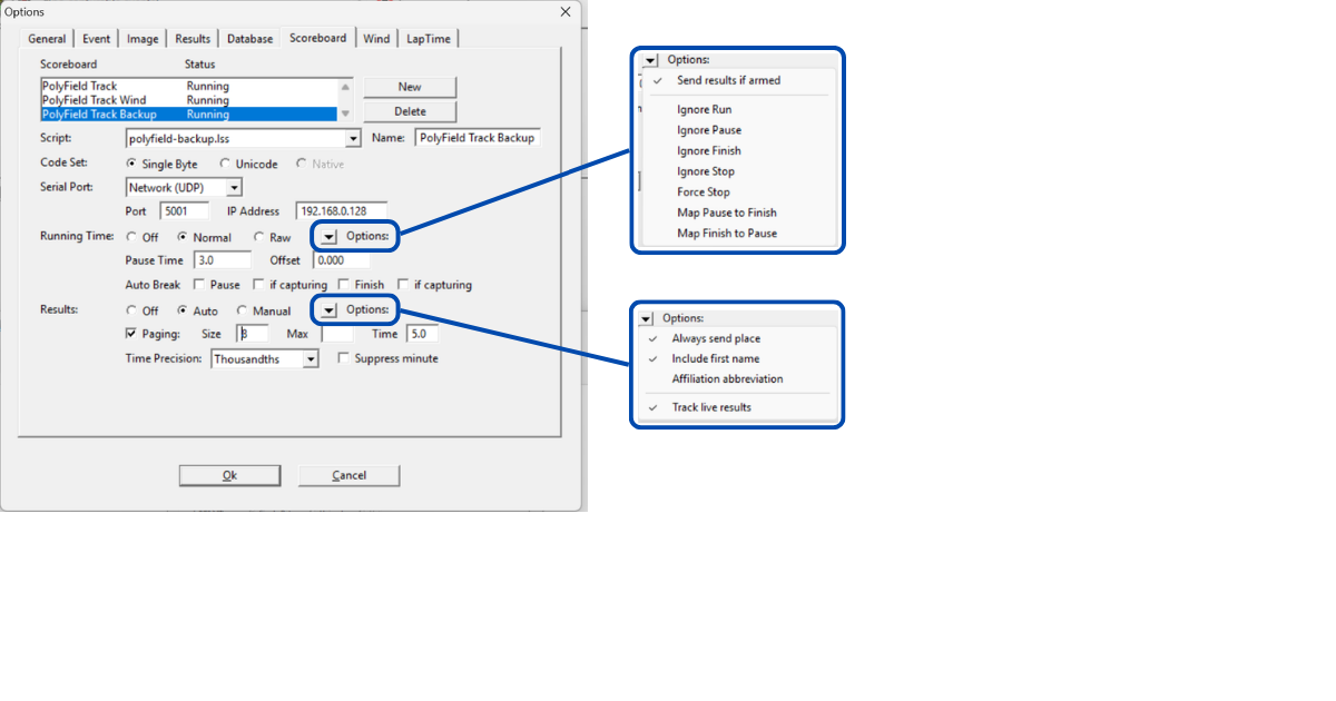 FinishLynx Scoreboard settings for the backup start-list output